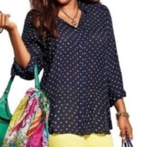 Cabi Blue, Green, & White Sheer Dots Button Down Shirt (XS) - Picture 2 of 7